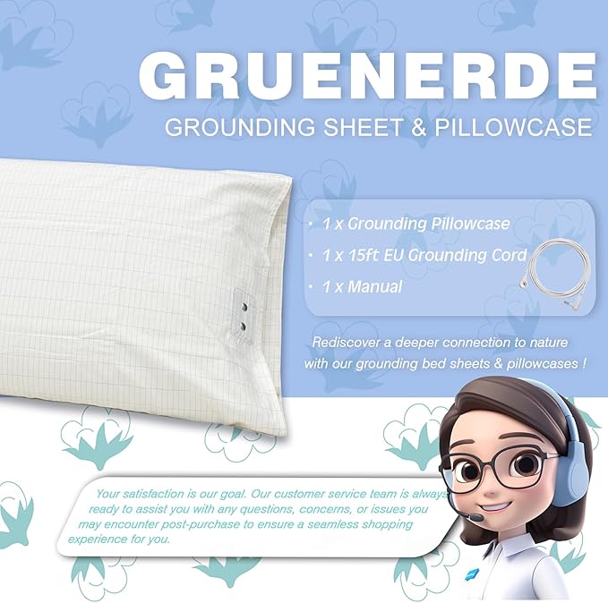 Grounding Pillowcase with 15ft Grounding Cord Conductive Silver Fiber Grounding Pillowcase for Better Sleep Increase Energy(Beige, 20x30in)