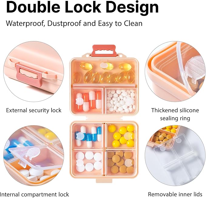 1 Pack Travel Pill Organizer,Portable Daily Pill Box,7 Grid Compartments Weekly Pill Case with Lables,Mini Medicine Organizer Box,Compact Pocket Pharmacy for Purse Vitamin Fish Oil Container (Pink)