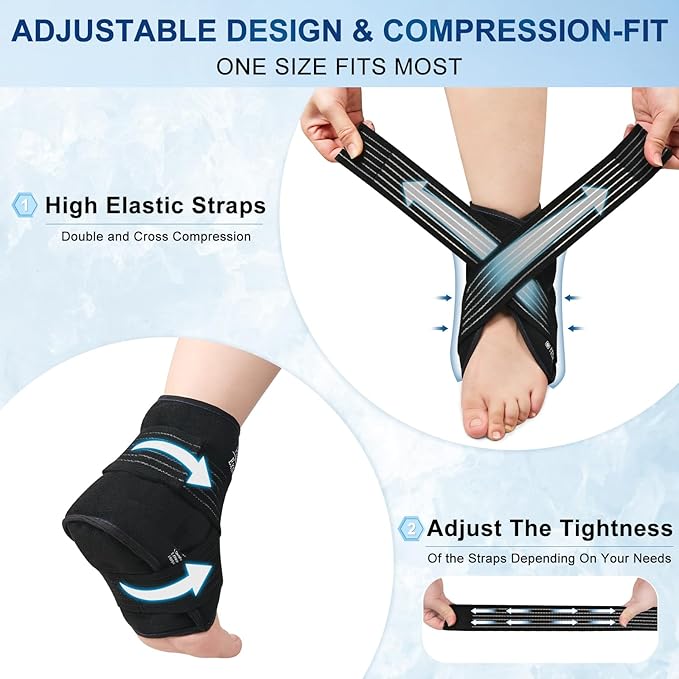 Ankle Ice Pack Wrap with Compression – Reusable Cold Gel Pack for Foot and Achilles, Dual Strap Design with Soft Plush Lining, Flexible Cold Therapy for Ankle Support - 2 Packs