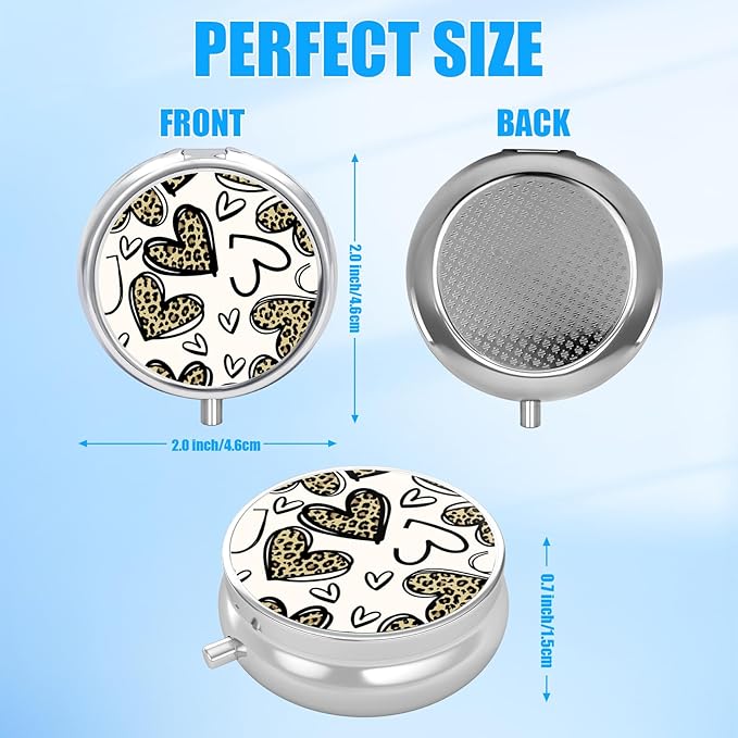 Leopard Love Heart Pill Case, Pill Box 3 Compartments Metal Small Pill Holder with Mirror Mini Travel Pill Container for Purse Pocket Women Men