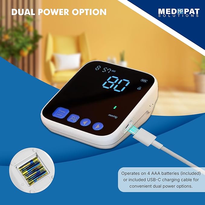 Med-Pat BP-S Arm Blood Pressure Monitor - 4.7" HD LCD Screen - 2 Users x 300 Memories Plus Guest Mode - Irregular Heartbeat Detection - Hold Still Indicator - Portable Square Design