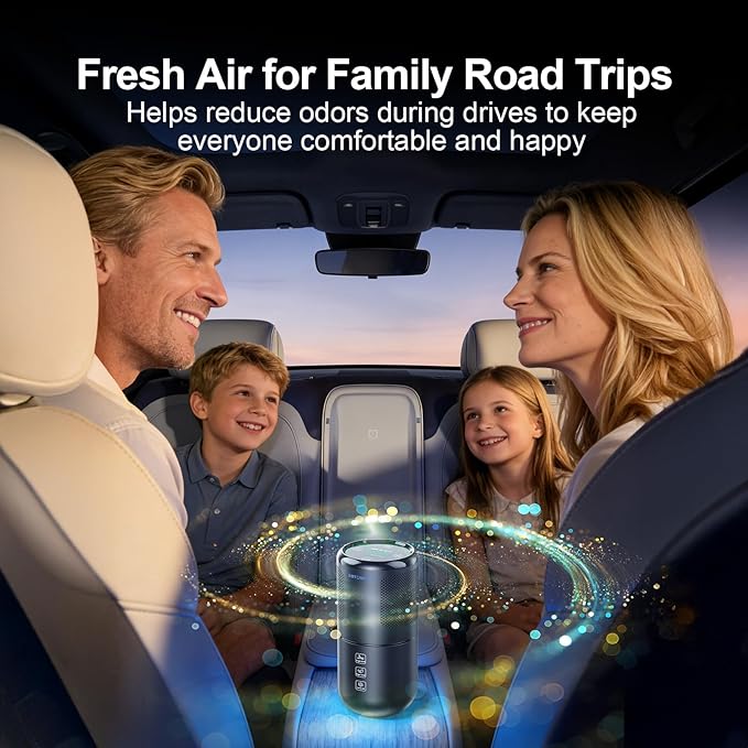 Mini Air Purifier for Car & Home, True HEPA Filter with Formaldehyde Removal & Real-Time Air Quality Monitor, Portable Desktop Odor Absorber for Smoke, Pet Smells
