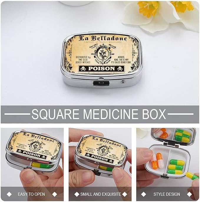 Metal 2 Compartment Pill Organizer Travel Friendly Portable Compact Box Cute Case to Hold Vitamin/Tylenol/Fish Oil/Supplements/Meds/Tablet for Purse/Pocket (Vintage Poison), 1.97x0.79x0.39''