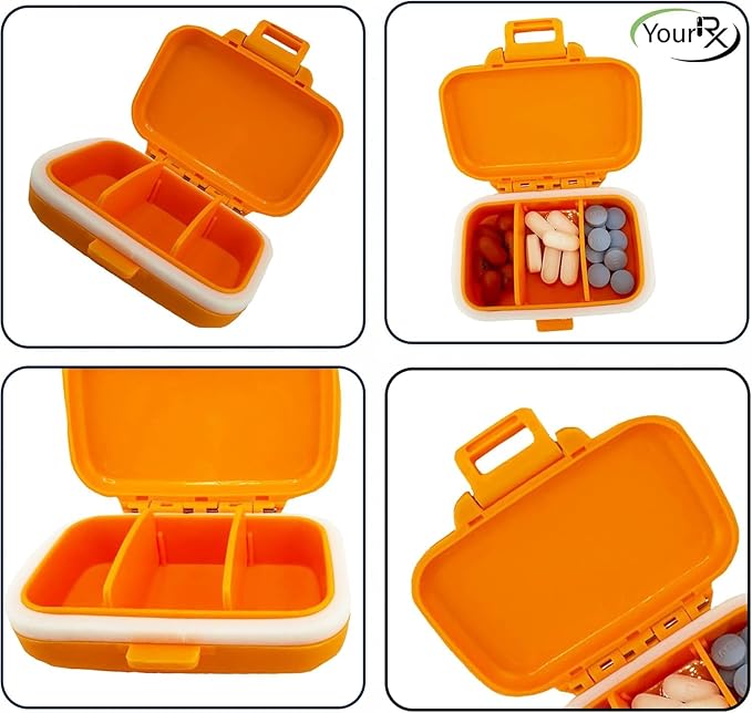 Travel Pill Organizer - Durable, Watertight Pill Case Travel Size with 3 Compartments - Compact Pill Travel Case for Vitamins, Supplements, Medicine - Travel Pill Container for Purse (Orange)