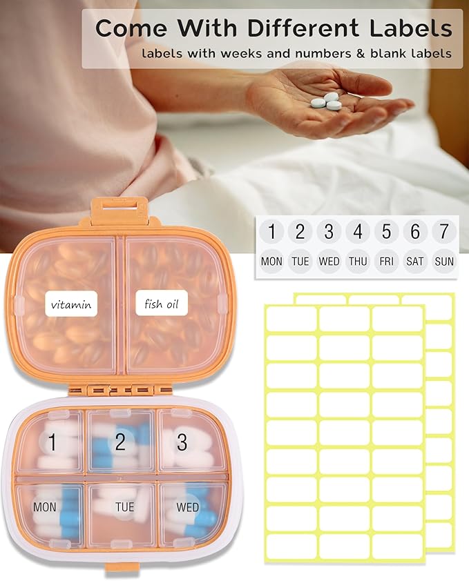 8 Compartments Travel Pill Organizer, Daily Pill Case Small Pill Box for Pocket Purse, Portable Pill Container Medicine Vitamin Organizer (Yellow)