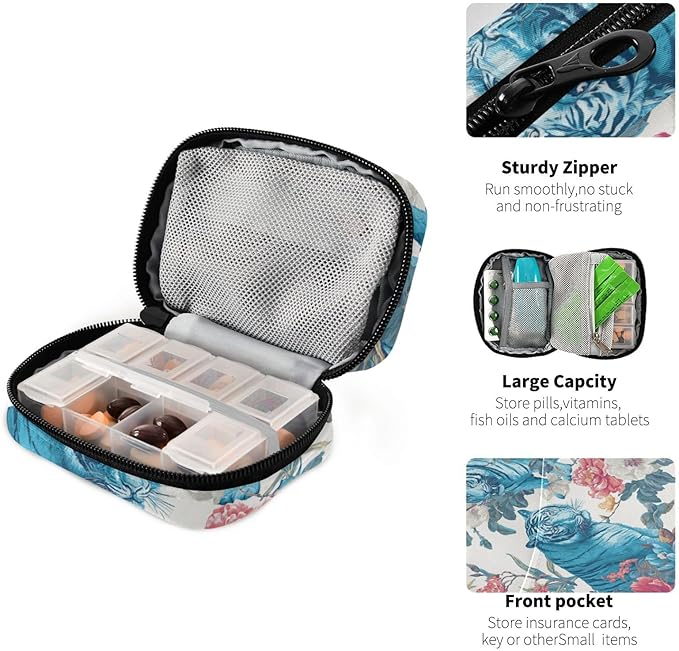 Blue Tigers and Colorful Flowers Travel Pill Organizer Case Box Container Weekly Portable Vitamin Medicine Holder Storage Bag with Zipper Removable