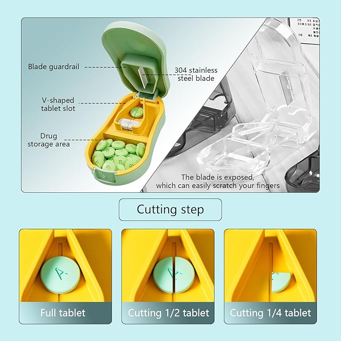 Pill Cutter Splitter for Small and Tiny Pills Green Pill Splitter for Small Pills Easy to Open with Safety Blade Guard, Suitable for Travel, Business Trip(1.96 * 3.54 * 1.02in)