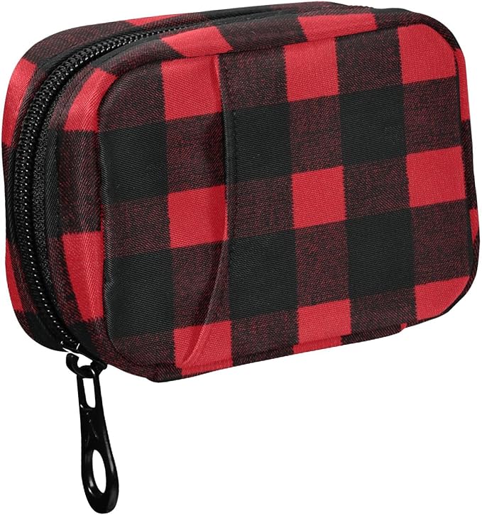 Fustylead Red and Black Buffalo Plaid Travel Pill Organizer Case Zipper for Purse with Removable Weekly Pill Box for Medicine, Vitamin, Supplement Medicine Organizer