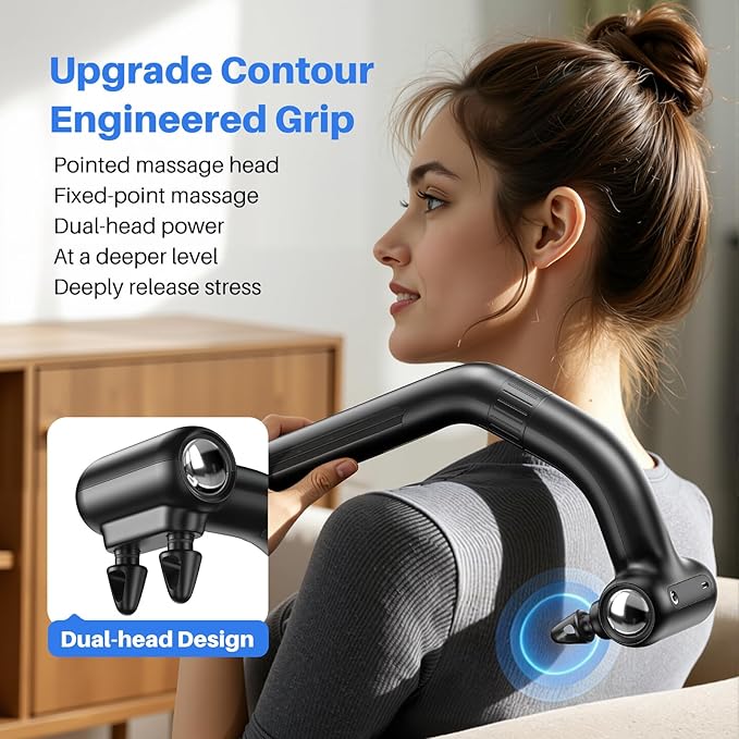 Dual-Head Muscle Massage Gun Pain Relief Deep Tissue, 3-in-1 Percussion Back Massager with Detachable Extension Handle, Muscle Massager for Back, Neck, Shoulder & Body, 6 Speed Levels (Black)
