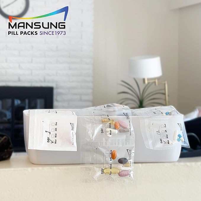 Mansung S Heat Seal Pill Bag pouche Pack Sealed for Medicine Funnel Tray Loading AM PM Organizer Electronic Dispenser kit Daily Sealing Filler Vacuum Vitamin omnicell sorter Paper (S 700 Bags/Week)