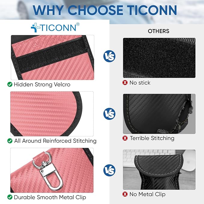 TICONN 2PK Faraday Bags for Car Keys Fob, 3.25"X4.75" Faraday Cage Protector, Car RFID Signal Blocking, Anti-Theft Pouch Anti-Hacking Case Blocker (Pink, S)