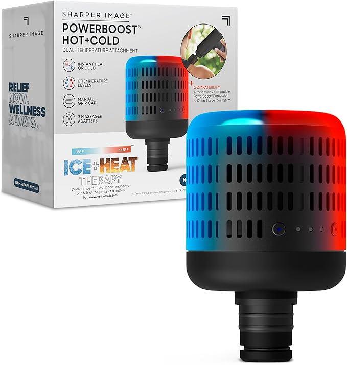 Sharper Image® Powerboost Hot + Cold Dual-Temperature Massage Gun Attachment - Instant Heat & Cold, 6 Temperature Levels, Compatible with Powerboost Massage Guns, Black