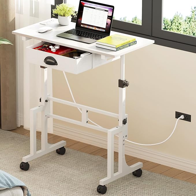 Small Adjustable Height Standing Desk with Storage Drawers, Rolling Sit Stand Up Desk with Wheels Charging Station, Adjustable Mobile Portable Table for Walking Pad Laptop Treadmill Computer