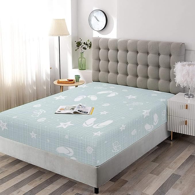 XISUNYA Decorative Fitted Sheet Set Queen Size, Aqua Fitted Sheet & 2 Pillow Sham Set(No Flat Sheet), Beach Theme Sea Shells Starfishes Flip Flops Glasses Summer Printed Microfiber Bedding 3pc Set