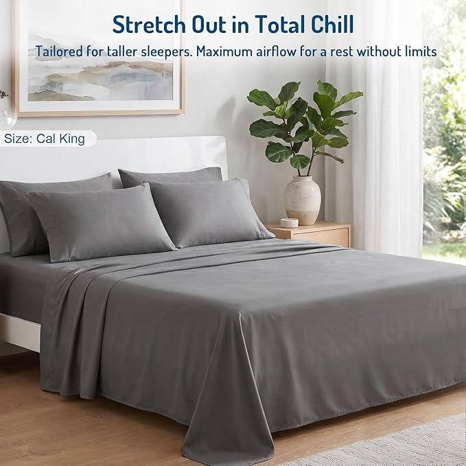 Degrees of Comfort Coolmax® Cooling Bed Sheets California King Size for Hot Sleepers, Moisture Wicking Sheet Set for Night Sweats, Deep Pocket, Ultra Soft, Cozy for All Seasons, Grey 4 Pieces