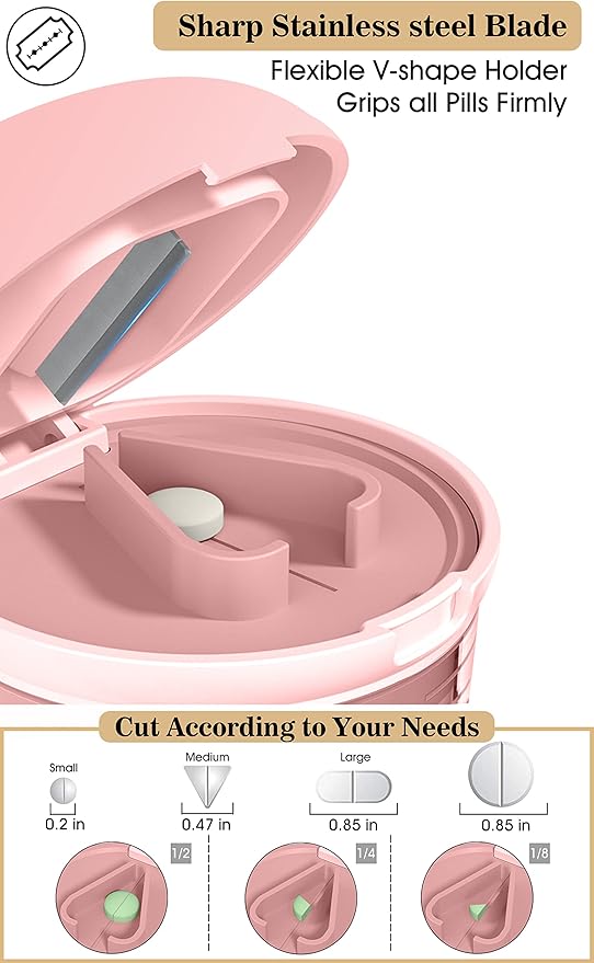 Pill Cutter Splitter with Dispenser, Pill Cutter for Small or Large Pills, Crushes Pills, Vitamins, Tablets, Stainless Steel Blade, Removable Drinking Cup (Pink-1)