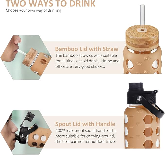 MUKOKO 32oz Glass Water Bottles with 2 Lids-Handle Spout Lid&Bamboo Straw Lid, Motivational Water Tumbler with Time Marker Reminder and Silicone Sleeve, Leakproof-Amber-1 Pack