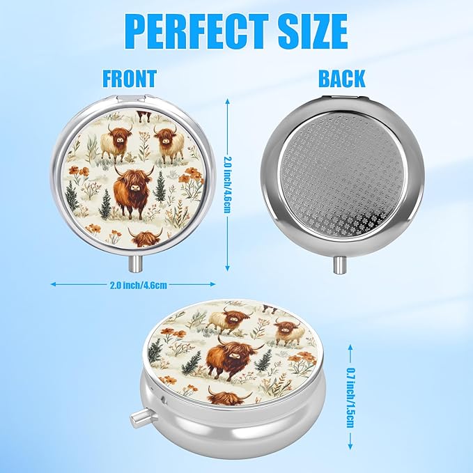 Pill Box, 3 Compartments Small Pill Case Travel Portable Metal Medicine Box with Mirror Mini Container for Purse Pocket Women Men（Highland Cow Floral）