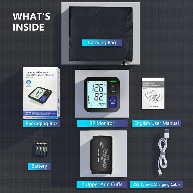 Blood Pressure Machine Upper Arm, Medium/Large BP Cuff Fit Arms from Medium 9"-17", Accurate Automatic Digital BP Monitor Home Use, Large Backlit LCD, 2-User Mode, 4 AAA Alkaline Batteries Included