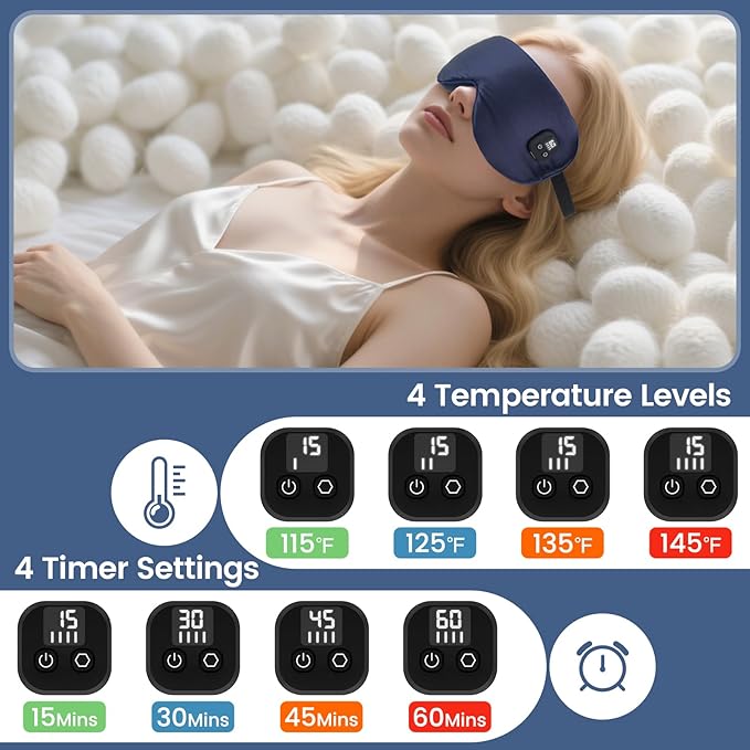 Silk Heated Eye Mask, Cordless Warm Eye Compress for Dry Eyes Styes Blepharitis, Eye Heating Pad with 4-Level Temperature & 4-Level Timing (Navy Blue)