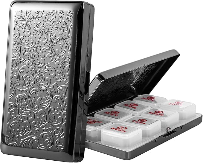 Portable 7-Day Metal Pill Case, Featuring 8 Compartments—Perfect for Travel. BPA-Free. (L-Black, Large)