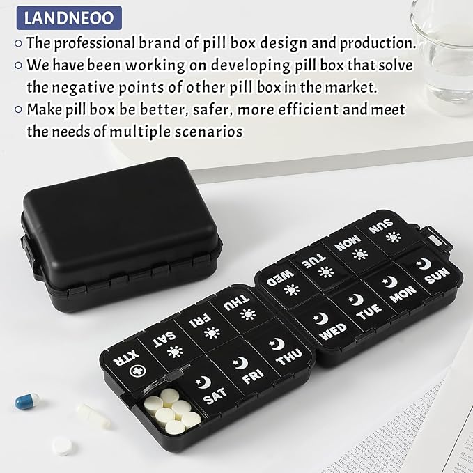 Foldable Weekly Pill Organizer 2 Times a Day with 2 Extra Compartments (Clear Printed Labels) - Portable 7 Day AM PM Medicine Box, Week Daily Travel Pill Case Holder for Vitamin, Supplement - Black