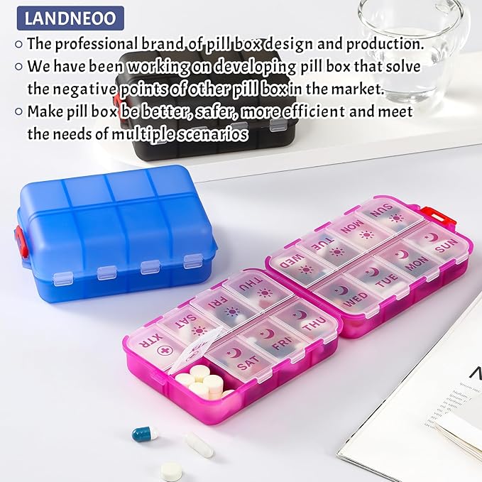Foldable Weekly Pill Organizer 2 Times a Day with 2 Extra Compartments - Etched Labels - Portable 7 Day AM PM Medicine Box, Week Daily Travel Pill Case Holder for Meds, Vitamin, Supplement -Clear Blue