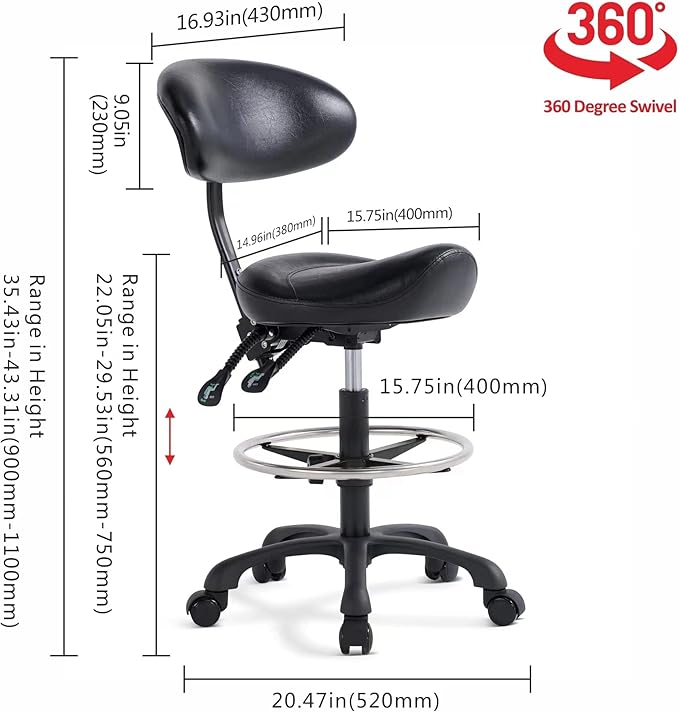 Swivel Rolling Stool Round Chair,Thick Sturdy Padding,Adjustable Stool with Wheels for Doctor,Medical,Massage Salon,Office,Shop(with New Back, Black)
