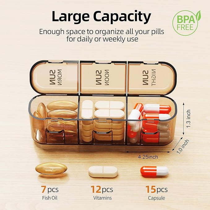 Weekly Pill Organizer 3X a Day, Detachable 7 Day Pill Box 3 Times a Day with Moisture-Proof Design, Portable Light-Proof Daily Pill Case for Pills,Vitamin,Fish Oil and Supplements(Brown)