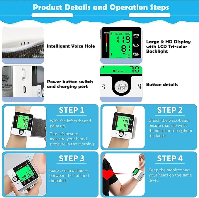 Wrist Blood Pressure Monitor, Automatic Digital Home BP Monitor Cuff - Accurate, Intelligent Voice, LCD Tri-Color Backlight, USB Charging, Adjustable Cuff, Irregular Heartbeat & Hypertension Detector