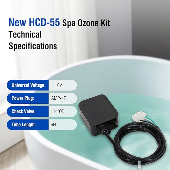 Upgrade HCD-55 Spa Ozonator Kit Suitable for All Hot Tubs & Swim Spas, Spa Ozone Generator Up to 1500 Gallons, Integrated Structure Design Reduces the Volume By 50%, Universal: 110V, AMP-4 Plug