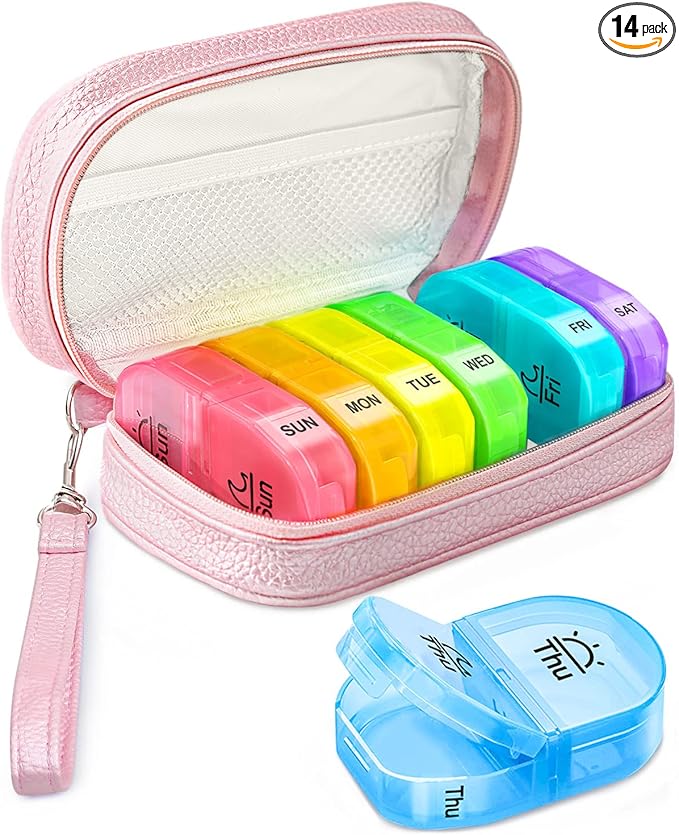 Cute Pill Organizer 2 Times a Day, PU Leather Pill Case for Women, Portable Weekly Pill Box for Purse with Storage Bag to Hold Vitamins, Medications, Fish Oils, Supplements (Pink)