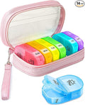 Cute Pill Organizer 2 Times a Day, PU Leather Pill Case for Women, Portable Weekly Pill Box for Purse with Storage Bag to Hold Vitamins, Medications, Fish Oils, Supplements (Pink)