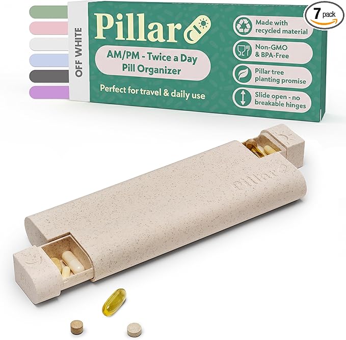 Pillar AM/PM Pill Box Organizer Two Times a Day | Aesthetic 7 Day Tablet Organizer 2 Times A Day | Beautiful Weekly Pill Box for Day and Night Medication (Off White)