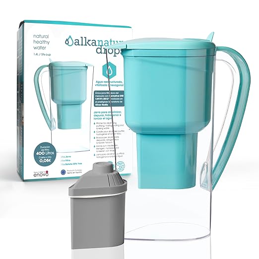 Alkanatur Alkaline Hydrogen Water Filter Pitcher - Removes Fluoride, Chlorine, Microplastics, PFAs, Lead - Activated Coconut Carbon, Ionizer, pH 9.5, Adds Magnesium (Filter with Added Zeolite (Blue))