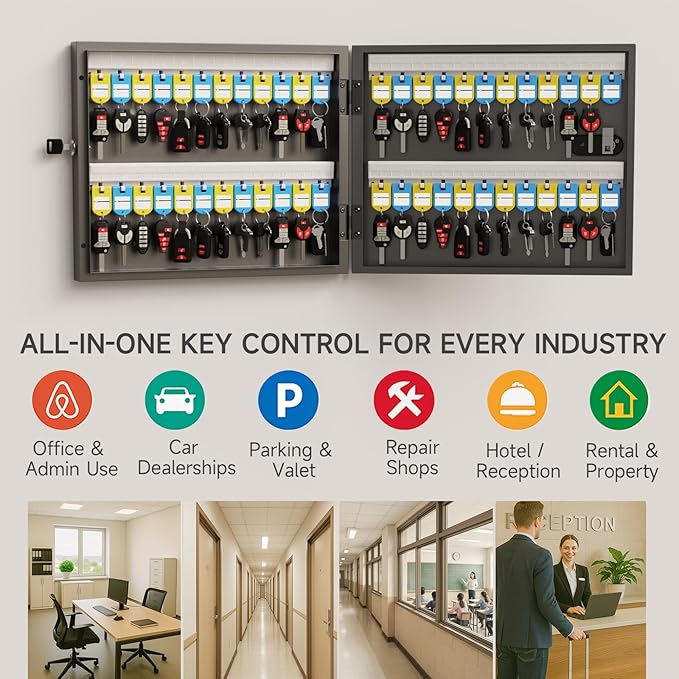 48 Key Lock Box – Wall Mounted Key Cabinet with Magnetic Door & Key Tags, Steel Lockable Key Organizer for School, Office, Hotel, Property Management