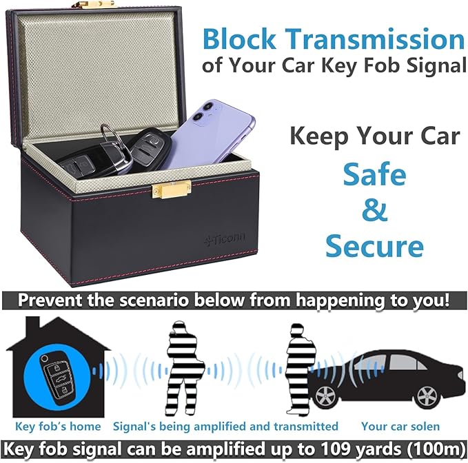 TICONN Faraday Box, Car Key Fob Protector, PU Leather Faraday Cage Signal Blocker for Keyless Fob, RFID Signal Blocking Pouch Cage (Black)