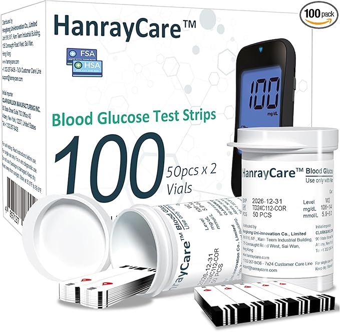 TD-4125 Blood Glucose Test Strips for Diabetes, 100 Count Blood Sugar Test Strips, Designed for Use with HanrayCare Glucose Monitoring System, Accurate Self-Testing, No Coding Required