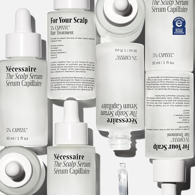 Nécessaire The Scalp Serum. 5% Capixyl™ + 1% Hyaluronic Acid For Fuller, Thicker, Healthier Hair. Fragrance-Free. Approved by the National Eczema Association. 1 fl oz