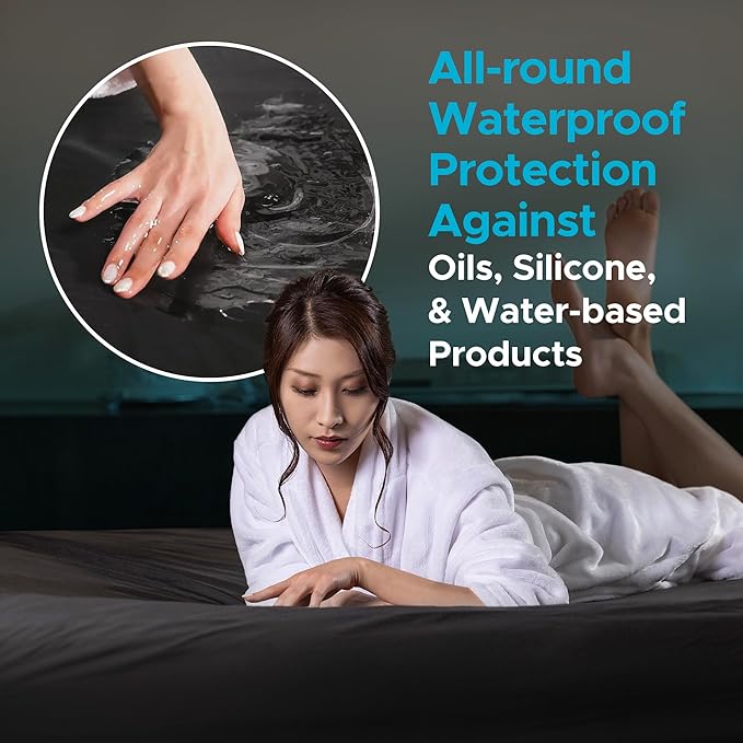 Extreme Queen Waterproof Fitted Sheet, 14'' Deep Pocket, 100% Black Mattress Protector, Safe with Oil, Water-Based, & Silicone-Based Massage Products, Machine Washable, Noiseless, Hypoallergenic