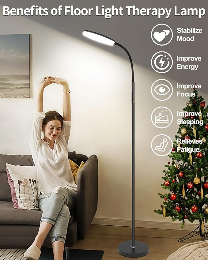 LanSuper Light Therapy Lamp, 10000 Lux UV-Free Happy Therapy Lamp, Full Spectrum Sunlight Lamp with Remote Control, Light Therapy Floor Lamp with 10 Color Temperature & 6 Brightness & Timer-Black