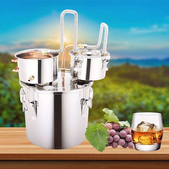 Shine Still 5 GAL 3 Pots Distillery Kit for Alcohol Stainless Steel Copper Tube Complete with Thumper Water Pump Metal Thermometer Fermentation Airlock Distilling for Whiskey, Brandy etc.