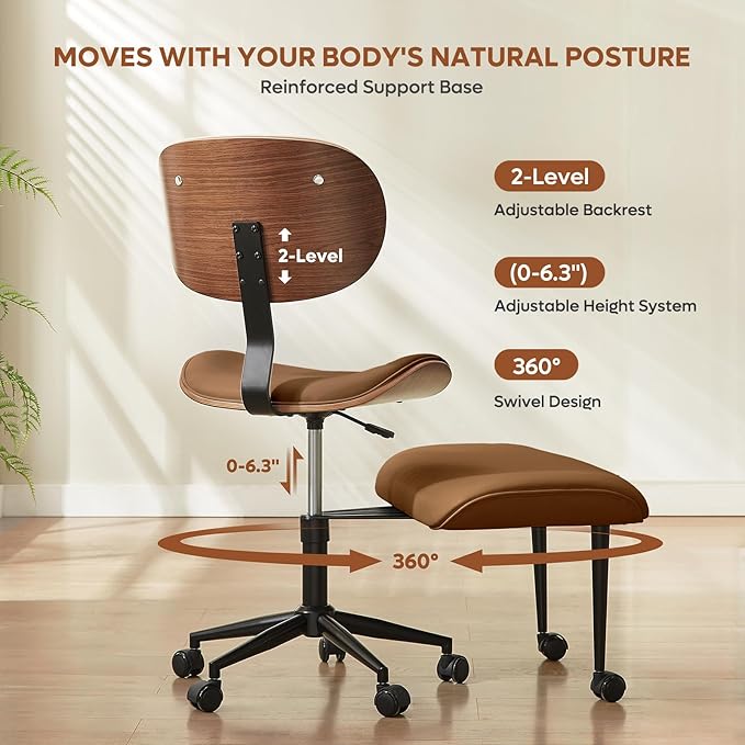 Bestier Meditation Chair with Wider Bentwood Back Support, Ergonomic Cross Legged Office Chair for Adults up to 300 lbs, 360° Swivel Adjustable Height for Multi Position (Contemporary Bentwood, Brown)
