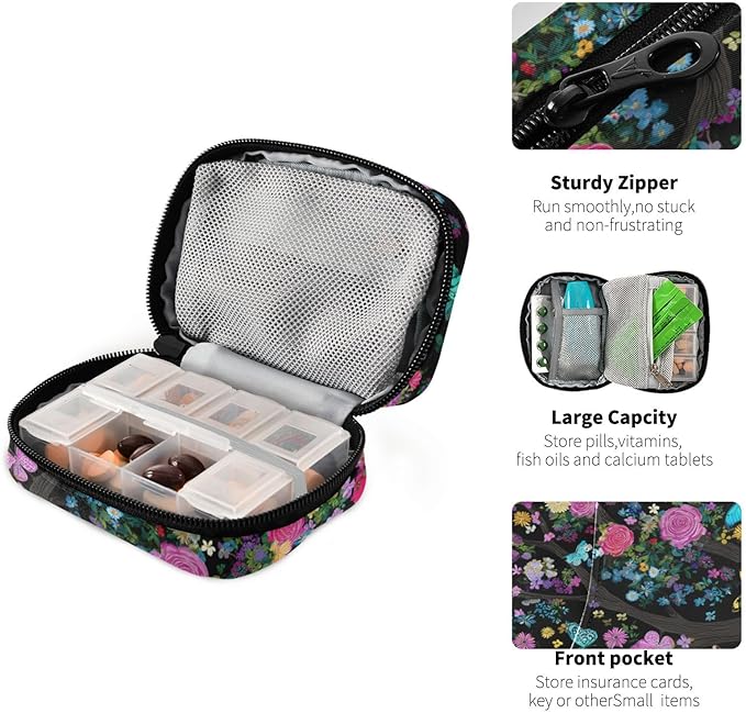 Rose Flowers Butterfly Trees Black Travel Pill Organizer Case Box Container Weekly Portable Vitamin Medicine Holder Storage Bag with Zipper Removable