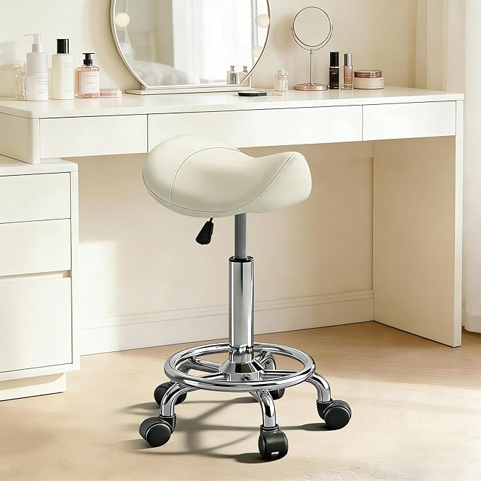 Saddle Stool with Ring Pedal, Adjustable Hydraulic Rolling Chair with Wheels for Medical, Massage, Salon, Spa, Kitchen, and Drafting Use