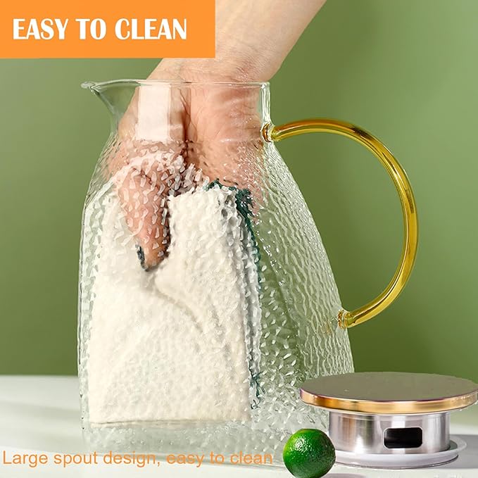 Water Pitcher, Fridge Door Glass Pitcher With Stainless Steel Lid, 1.8 Liter 60 oz High Borosilicate Glass Jug, Leakproof Fridge Door Carafe Jug for Hot/Cold Water Iced Tea Juice Coffee Beverage