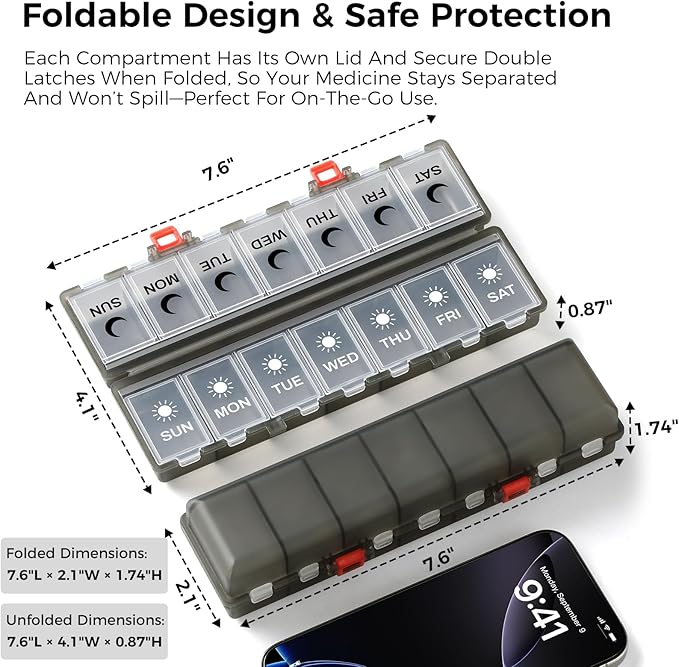 Foldable Pill Organizer Weekly 2 Times a Day, 7 Day Portable AM PM Travel Pill Case with Black&White Labels, Dual-Protection Daily Medicine Box, Large Pill Container for Vitamin/Supplement-Clear Black