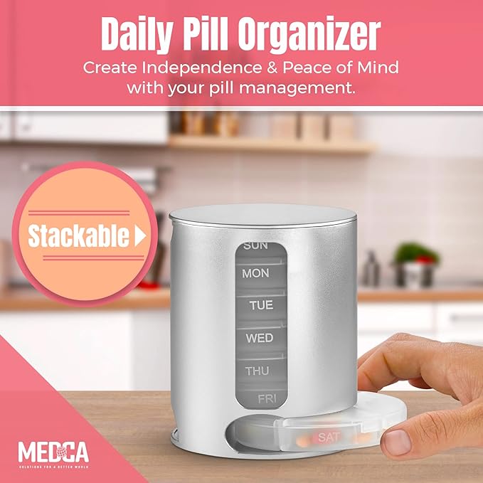 Stackable Daily Pill Organizer - Premium Weekly Medication Reminder with 7 Individual Stacking Cases - Weekly AM/PM Pill Box with 4 Times a Day, a Everyday Medicine Organizer, Silver, Case of 40
