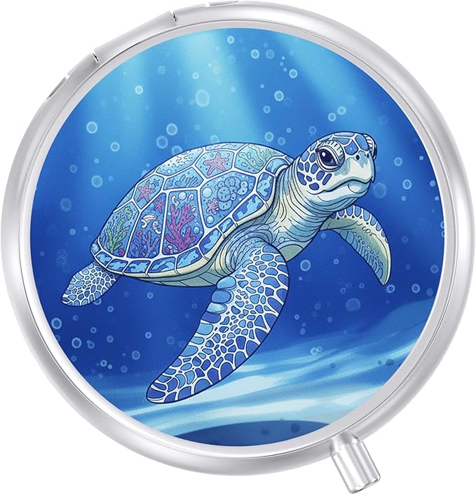 Round Pill Case Small Pill Box with Mirror Pocket 3 Compartment Vitamin Pill Medicine Case Organizer Pill Containers for Traveling Mandala Sea Turtle Two
