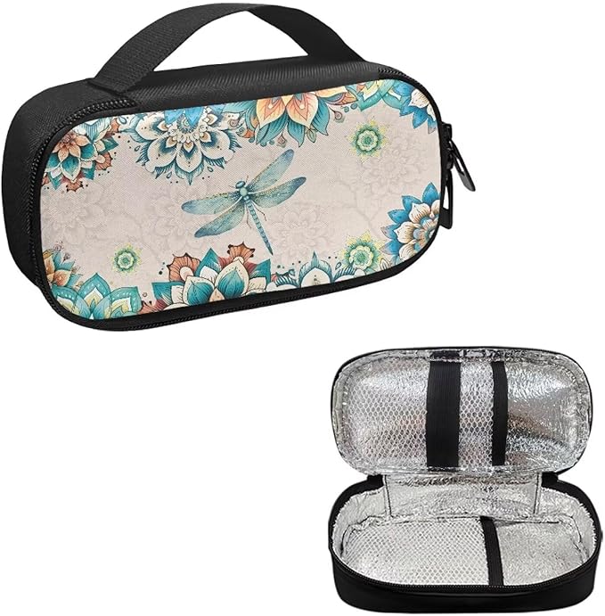 Boho Dragonfly Insulin Cooler Travel Case with Side Handle Diabetic Supplies Organizer Bags for Insulin Pens Blood Glucose Monitors or Other Diabetic Supplies
